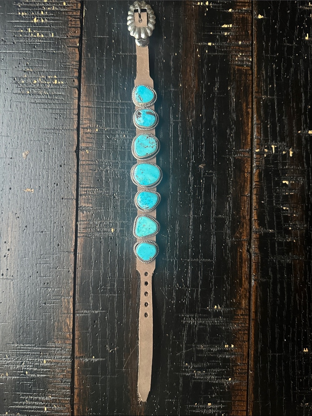 Navajo Dan Morgan Turquoise & Leather Sterling Silver Bracelet - Picture 6 of 7